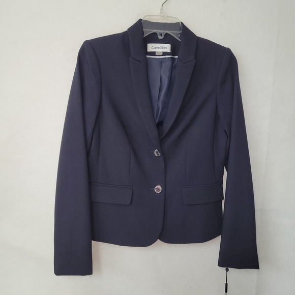 Calvin Klein Blazer Jacket Women 6P Navy Blue 2-Button Single Breasted Office - Picture 1 of 13